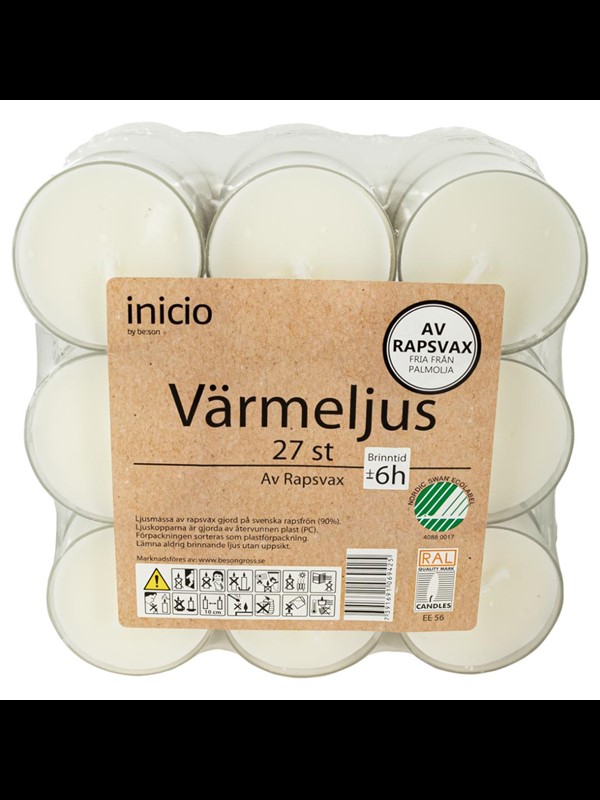 Värmeljus-6 H - Plastkopp-27 pack -Raps- Svanenmärkt 3820-Raps